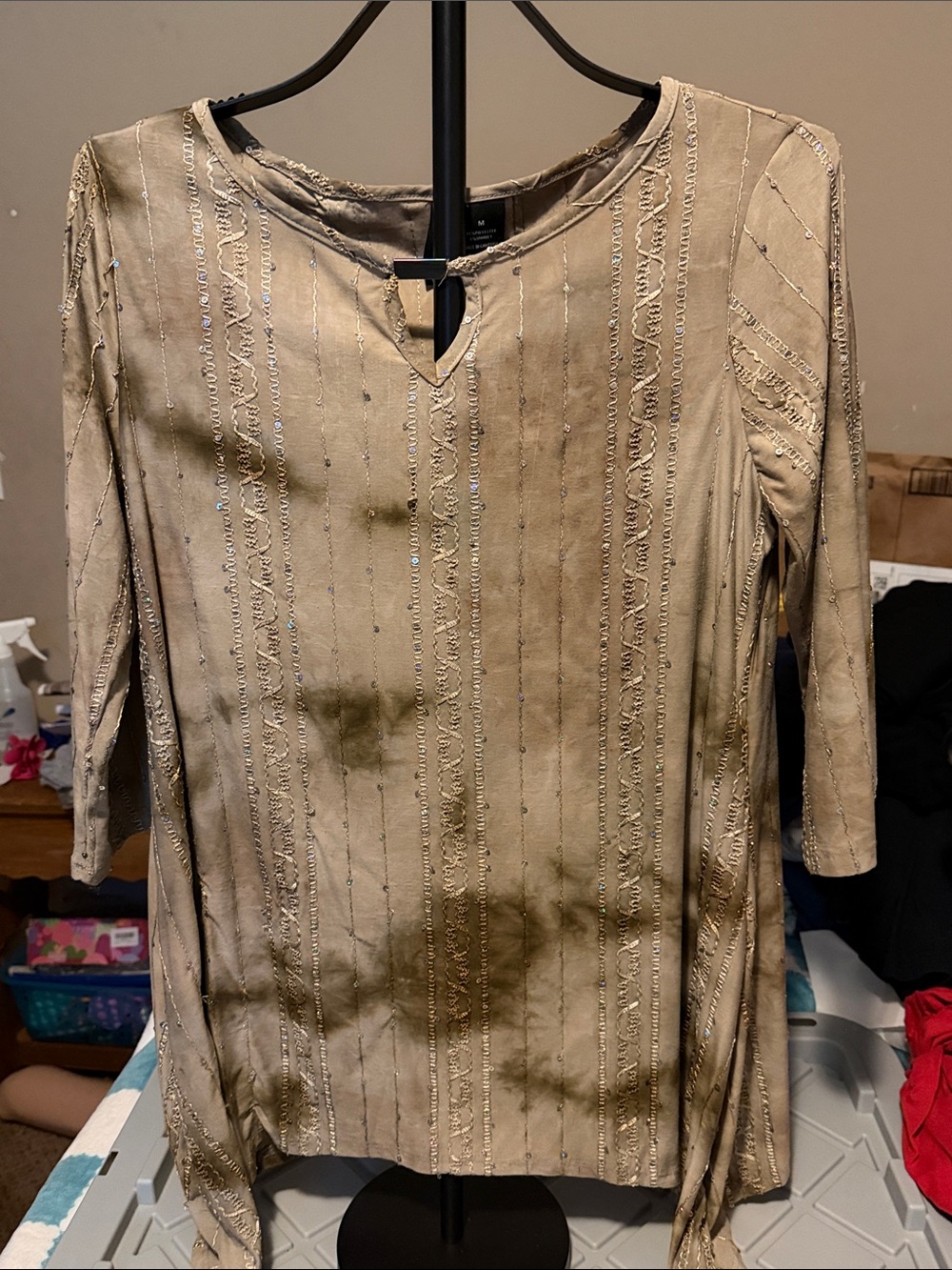 new directions Taupe Embellished Long-Sleeve Scoop-Neck Dress